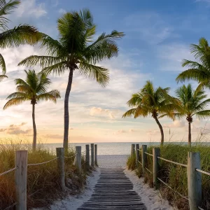 A glass print of a wooden footbridge leading to a sandy beach, with palm trees and a sunset in the background.
