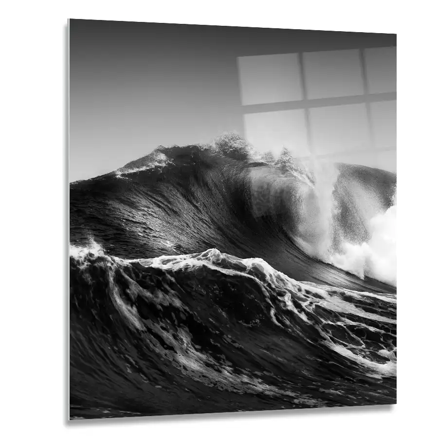 176435967_60x60cm A 60x60cm black and white glass print of a roaring wave spraying sea water dramatically into the air.