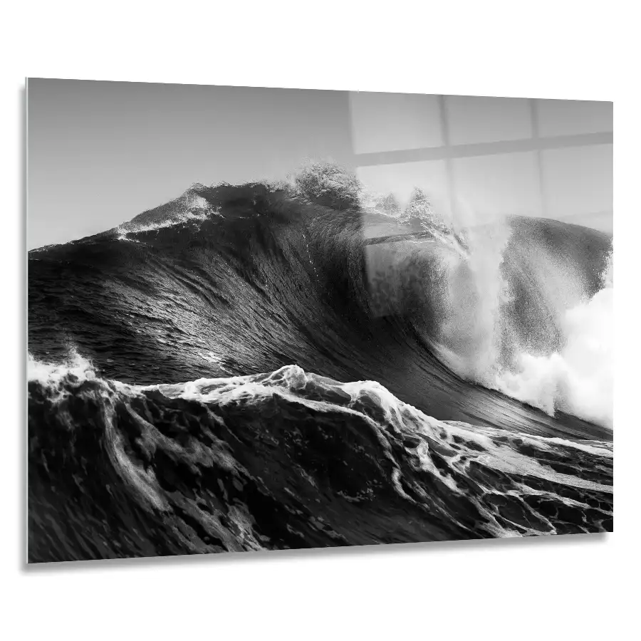 176435967_90x60cm A 90x60cm landscape black and white glass print of a roaring wave spraying sea water dramatically into the air.