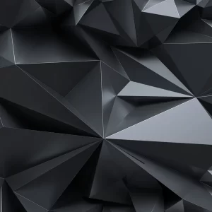A close up of a glass print of an abstract geometric black pattern with 3D polygonal design.