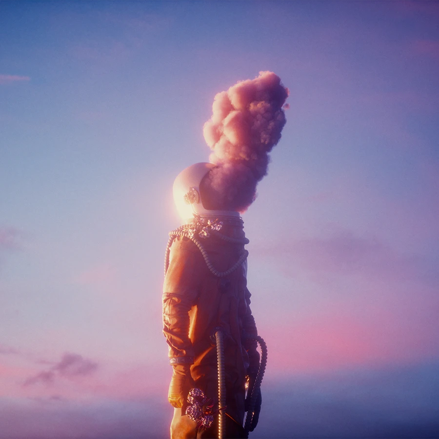 324206722-head-space-fi Light and fluffy pink and purple clouds surround an astronaut wearing an orange spacesuit