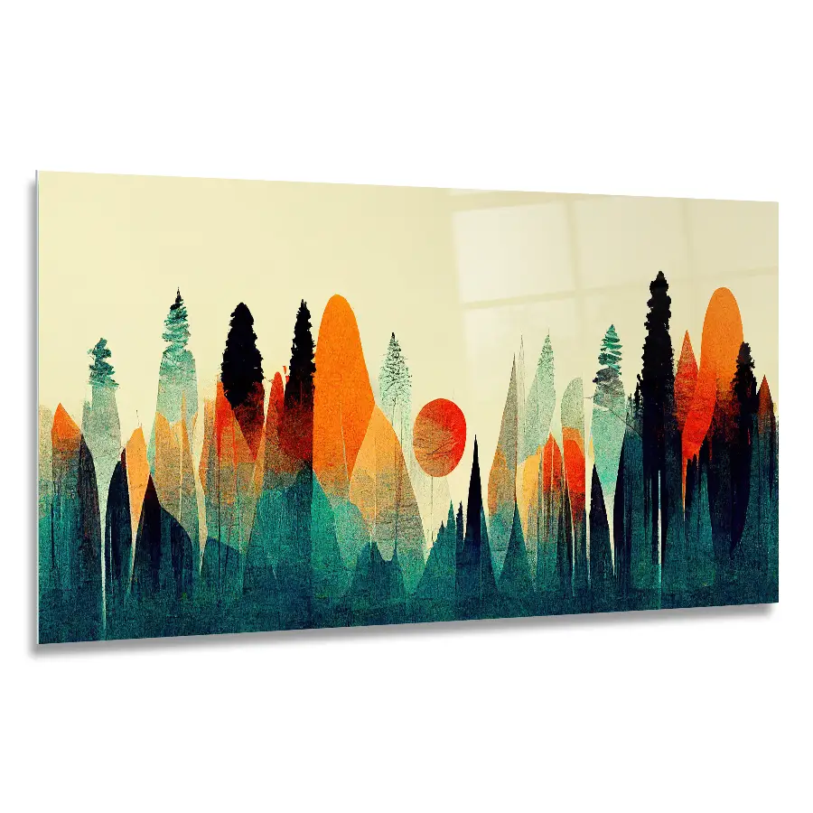 531135498-autumn-mountain-range-sunset-120x60 An abstract image of a mountain range in oranges, blues and greens., printed as a glass wall art in size 120X60