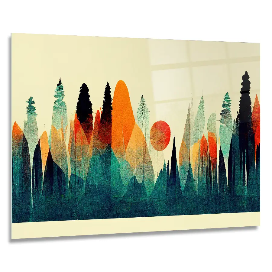 531135498-autumn-mountain-range-sunset-90x60 An abstract image of a mountain range in oranges, blues and greens., printed as a glass wall art in size 90X60
