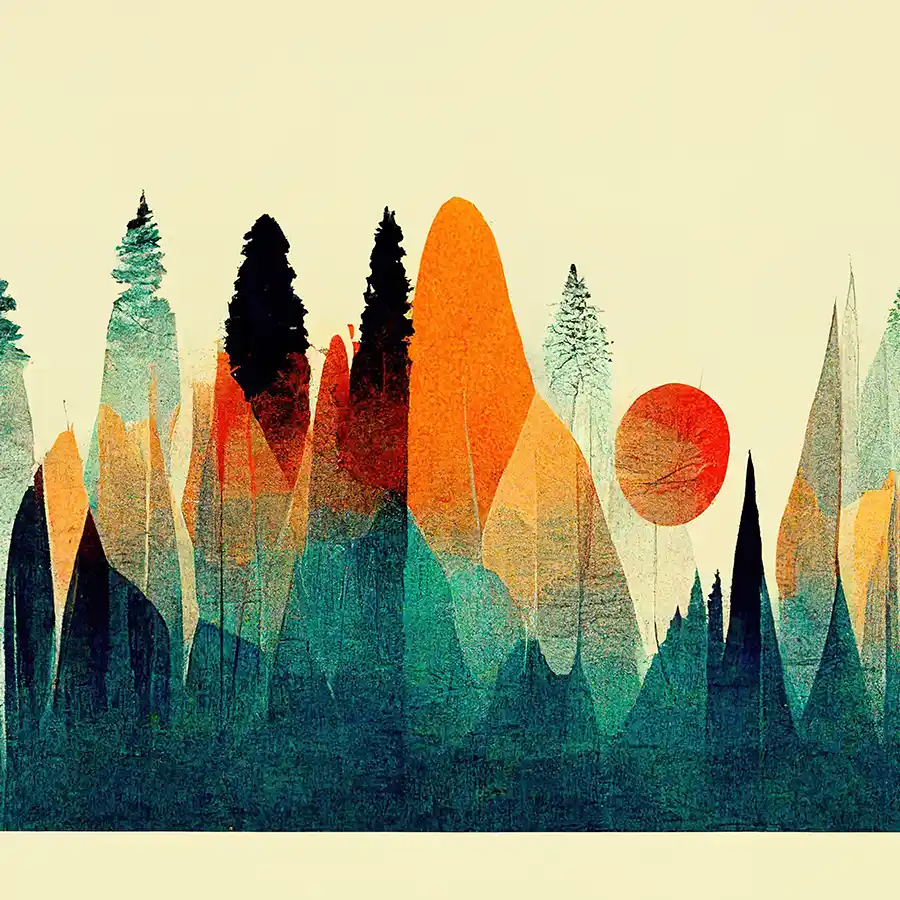 531135498-autumn-mountain-range-sunset-fi An abstract image of a mountain range in oranges, blues and greens., printed as a glass wall art