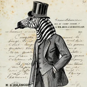 A humorous image depicting a Zebra standing on two legs, wearing a suit and top hat printed as a glass wall art piece