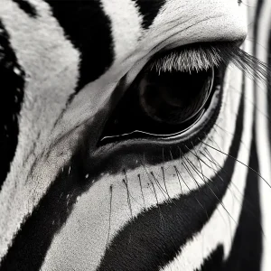 Glass wall art of a close-up of a zebra's eye, with striking black and white patterns