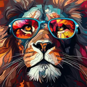 A bold and colourful glass wall art print of a lion wearing glasses