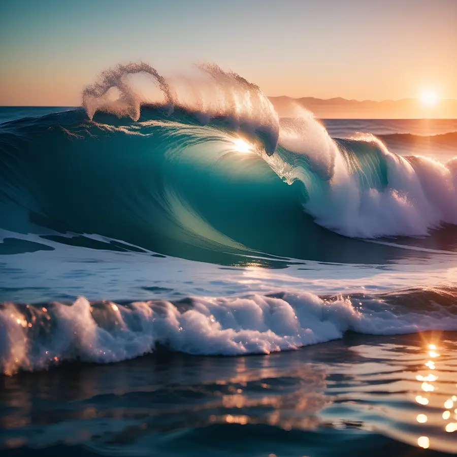 693020699-ocean-wave-fi A magnificent wave curls against a sunset printed as a glass wall art piece