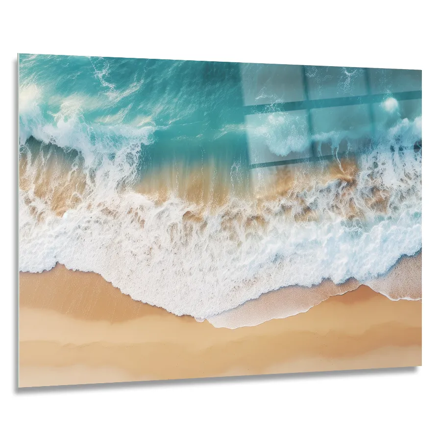 706665033-fresh-ocean-waves-over-sand-90x60 A glass wall art showing vibrant blue waves crashing onto the beach in size 90X60