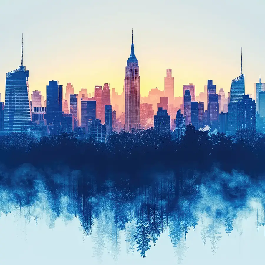 717935073-forest-of-skyscrapers-fi glass wall art of a cityscape at dawn in cool blue tones