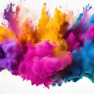 glass wall art piece featuring a cloud of powdery pigments in bright hues of yellow, pink and blue