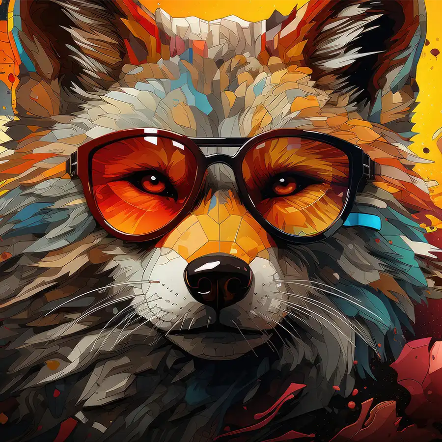 658760955-cool-wolf-fi glass wall art of a modern, artistic fox in glasses and bright colours