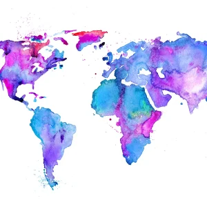 Vibrant watercolour world map in an abstract, style, printed as a glass wall art piece