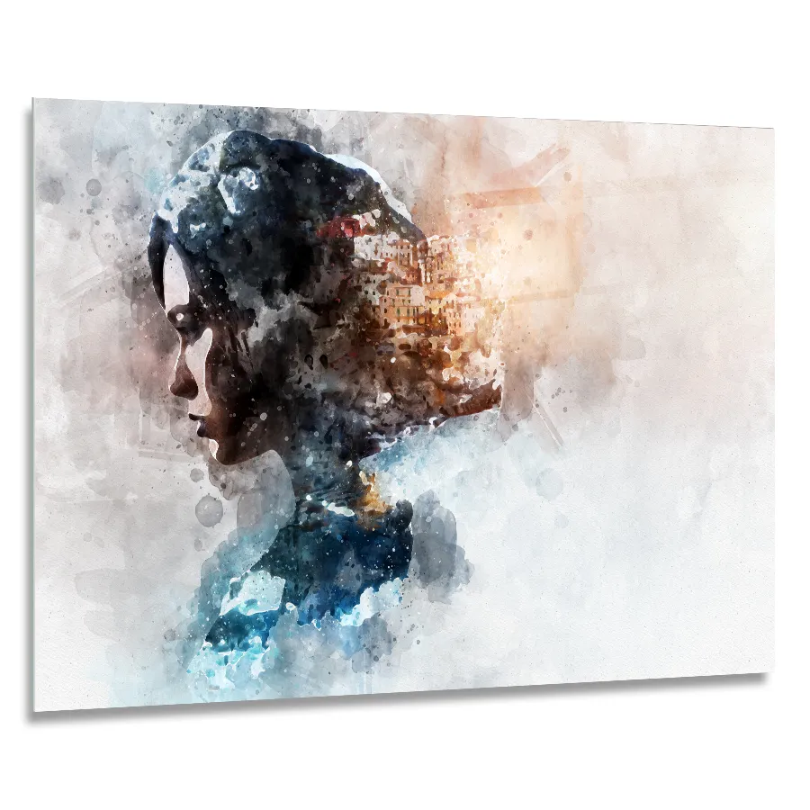 173107906-contemplation-90x60 watercolour glass wall art of a woman's silhouette, blending urban landscapes within her profile. in size 90x60