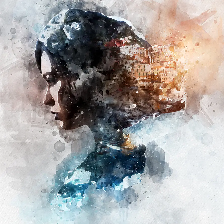173107906-contemplation-fi watercolour glass wall art of a woman's silhouette, blending urban landscapes within her profile.