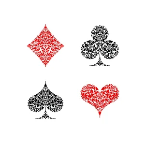 Vibrant and intricate playing card suits printed as a glass wall art piece