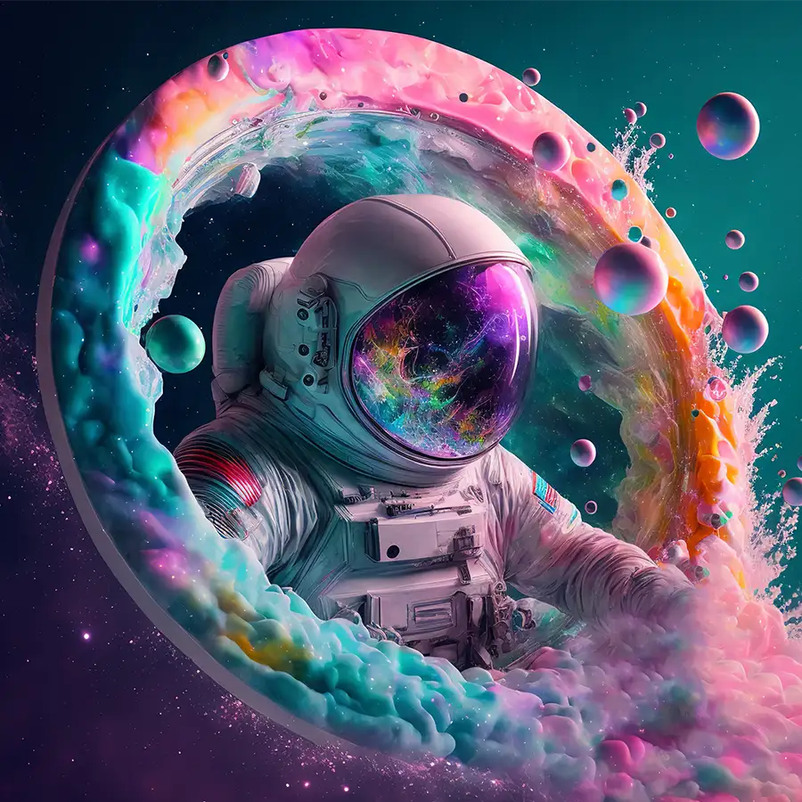367425840-on-a-different-planet-fi glass wall art of an astronaut in vibrant cosmic waves set against a starry backdrop