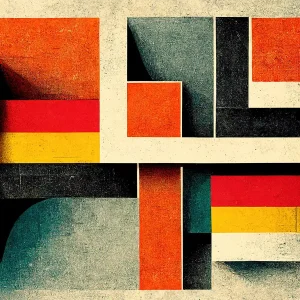 Bauhaus-inspired abstract art with red, yellow, gray, and orange geometric shapes.