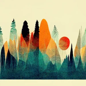 Stylized landscape of a mountain range at sunset, featuring colorful abstract shapes and silhouetted trees under a red sun.