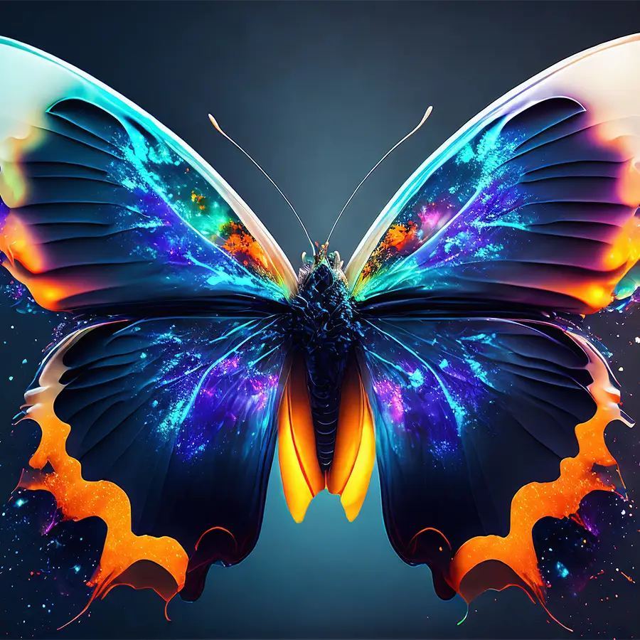579346556-abstract-butterfly-fi Surreal butterfly with vibrant cosmic wings in blue, orange, and black, ideal for artistic backgrounds.