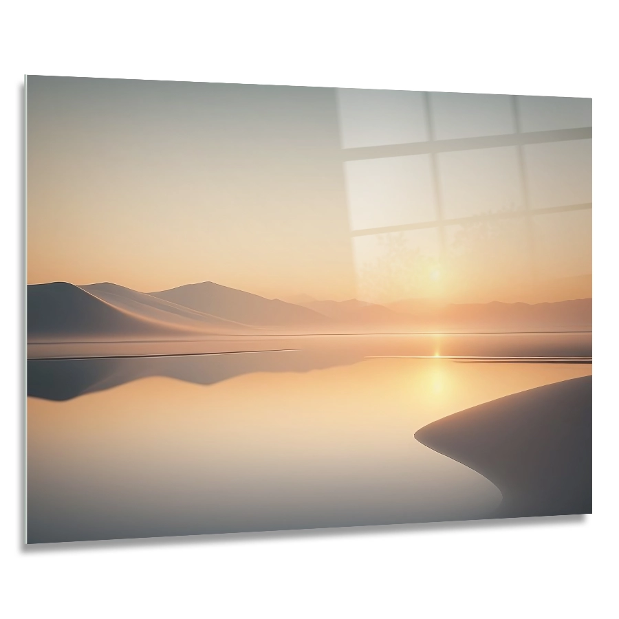 608082570-golden-light-haze-90x60 glass wall art features a tranquil desert landscape at sunset in size 90x60