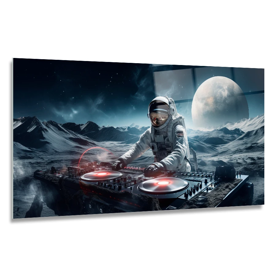 639414210-moon-decks-120x60 glass wall art featuring an astronaut DJing on a lunar surface, the moon is in the background in size 120x60