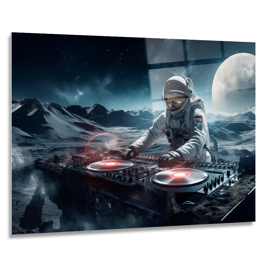 639414210-moon-decks-90x60 glass wall art featuring an astronaut DJing on a lunar surface, the moon is in the background in size 90x60