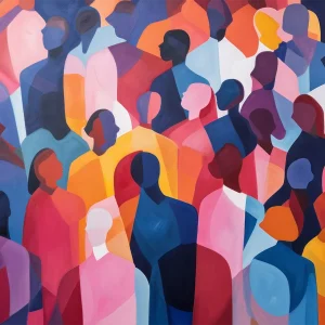 Vibrant glass wall art featuring a colourful abstract of faceless figures