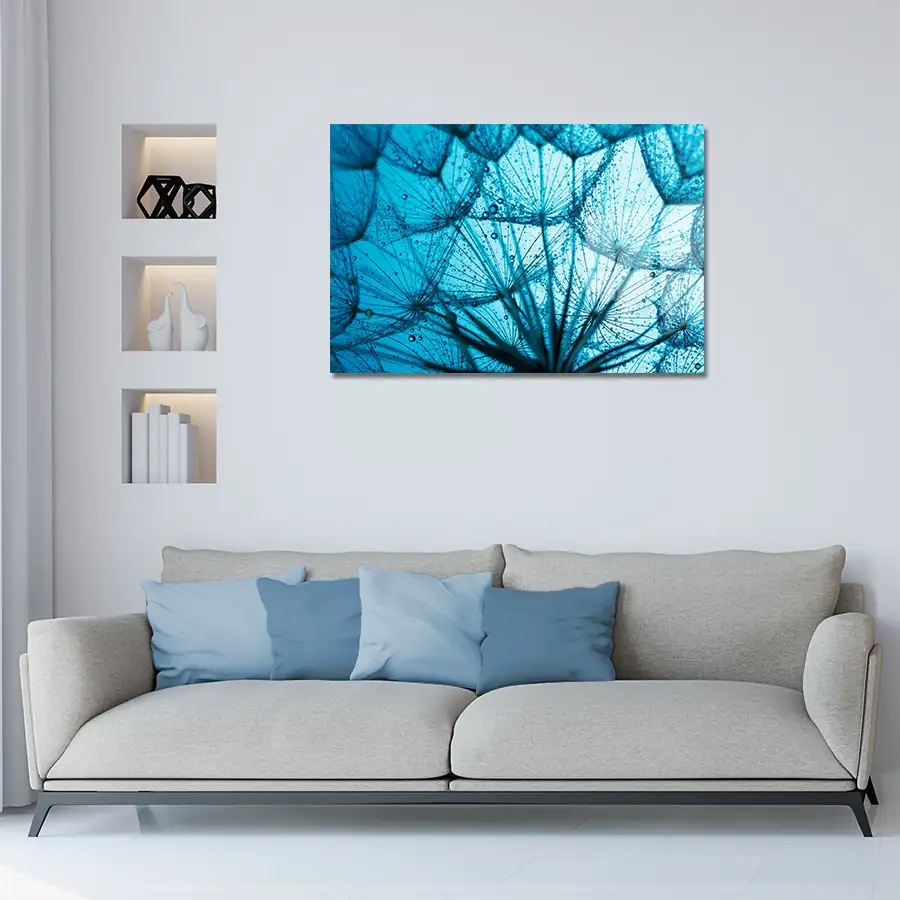 710838368-blue-dandelion-lifestyle Room with glass wall art of Close-up of dandelion seeds in a surreal blue tone with water droplets on their delicate structures.