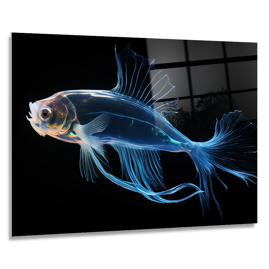 716621544-transparent-luminous-fish90x60 glass wall art of an ethereal fish, glowing in translucent hues on a black background in size 90x60