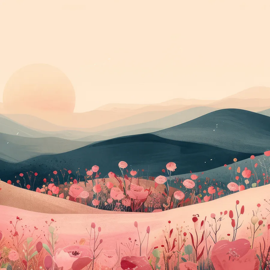 719107282-boho-sunset-fi Serene landscape with pink and red wildflowers in the foreground against soft, rolling hills at sunset.