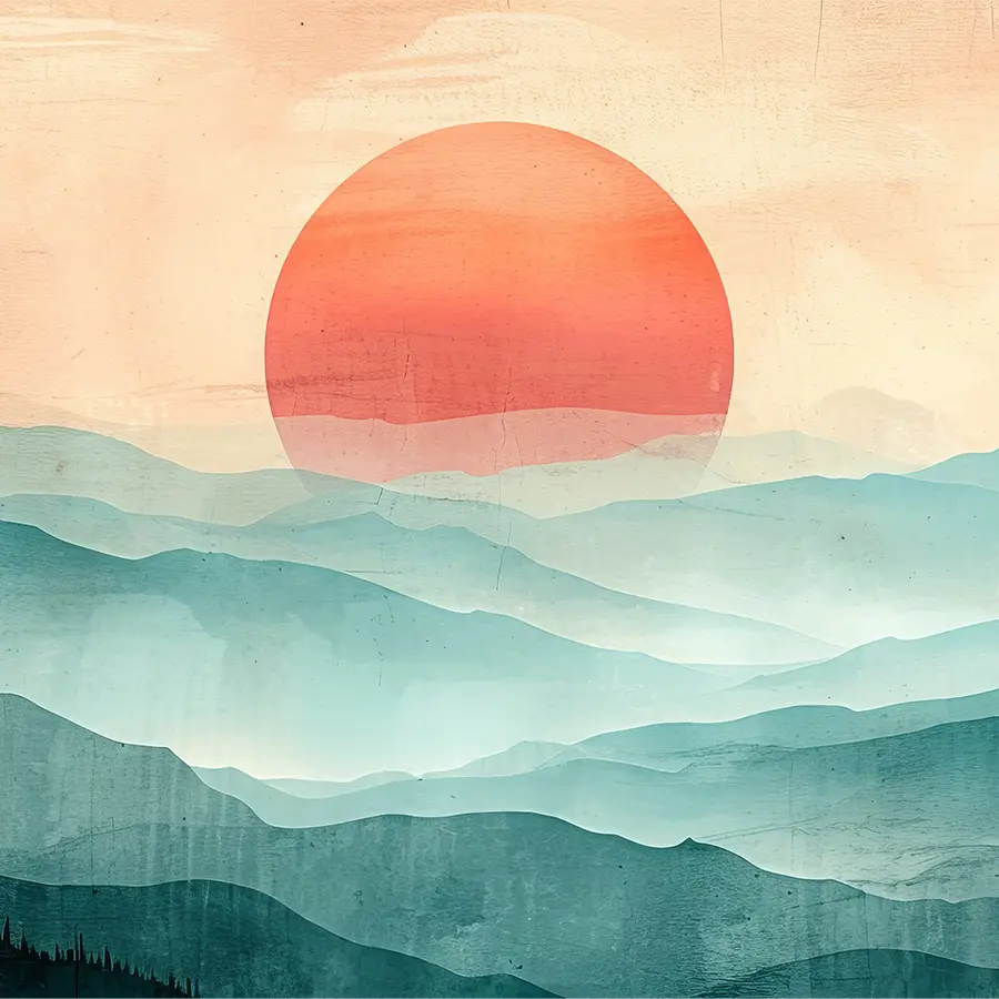 719107805-boho-sunset-behind-misty-mountains-fi Layered misty mountains under a large red sun, painted in soft watercolor tones.