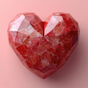 glass wall art of a faceted, crystal-like red heart against a soft pink background