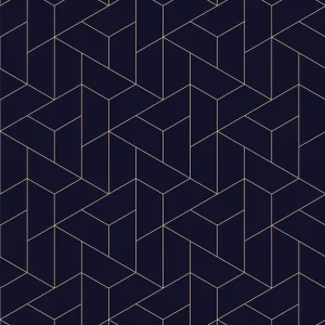 Printed glass splashback featuring a geometric navy and gold pattern.
