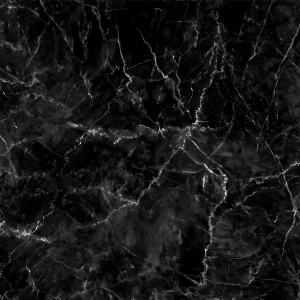 Dark black marble design printed on glass splashback with white veins.