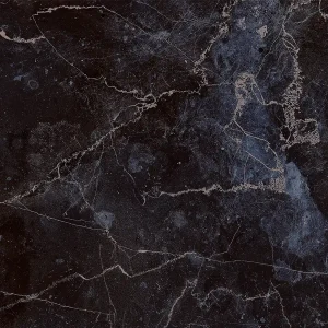Printed glass splashback with a textured black and blue marble pattern.