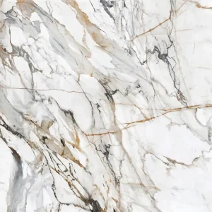 Elegant white marble glass splashback with natural grey and gold veins.