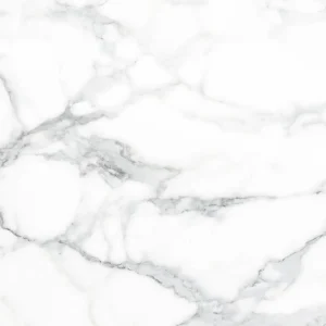 White marble pattern on glass splashback with subtle grey veining for a sleek look.