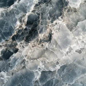 Stylish glass splashback with a detailed blue and white marble design.